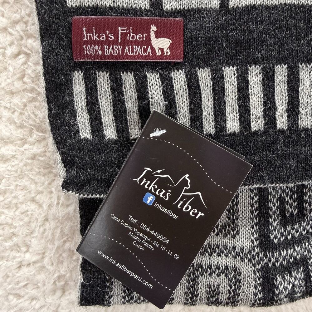Inka's Fiber Open Scarf 100% Baby Alpaca 73"x9.5" Gray Black Greek Pattern Peru - Picture 5 of 8